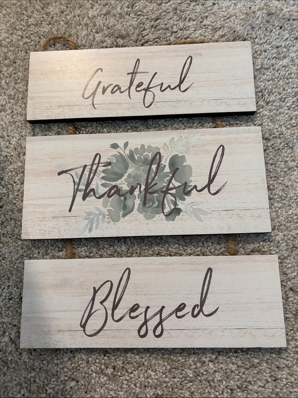 Grateful Thankful Blessed Wooden Hanging Sign - Neutral Green Script